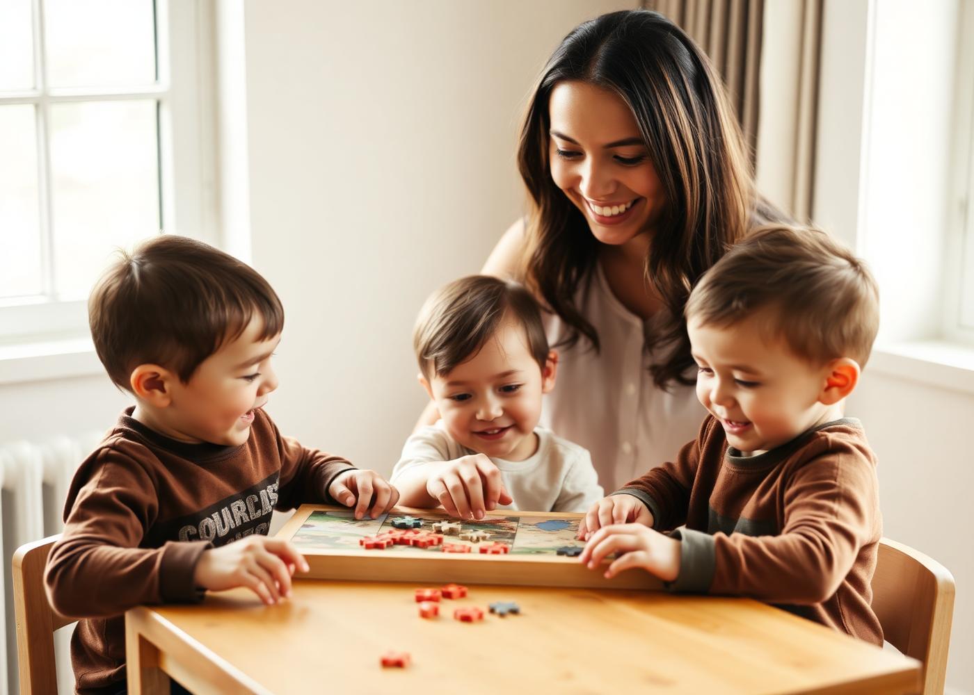 A warm New Zealand childcare educator helping young children with a learning activity